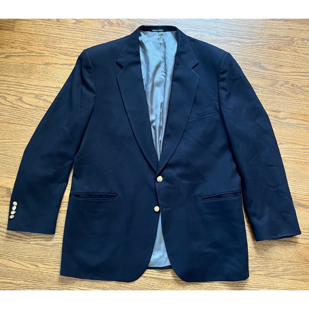 Woolrich Mens Navy Blue Two Button Gold Tone Crest Button Blazer Sport Coat 46L